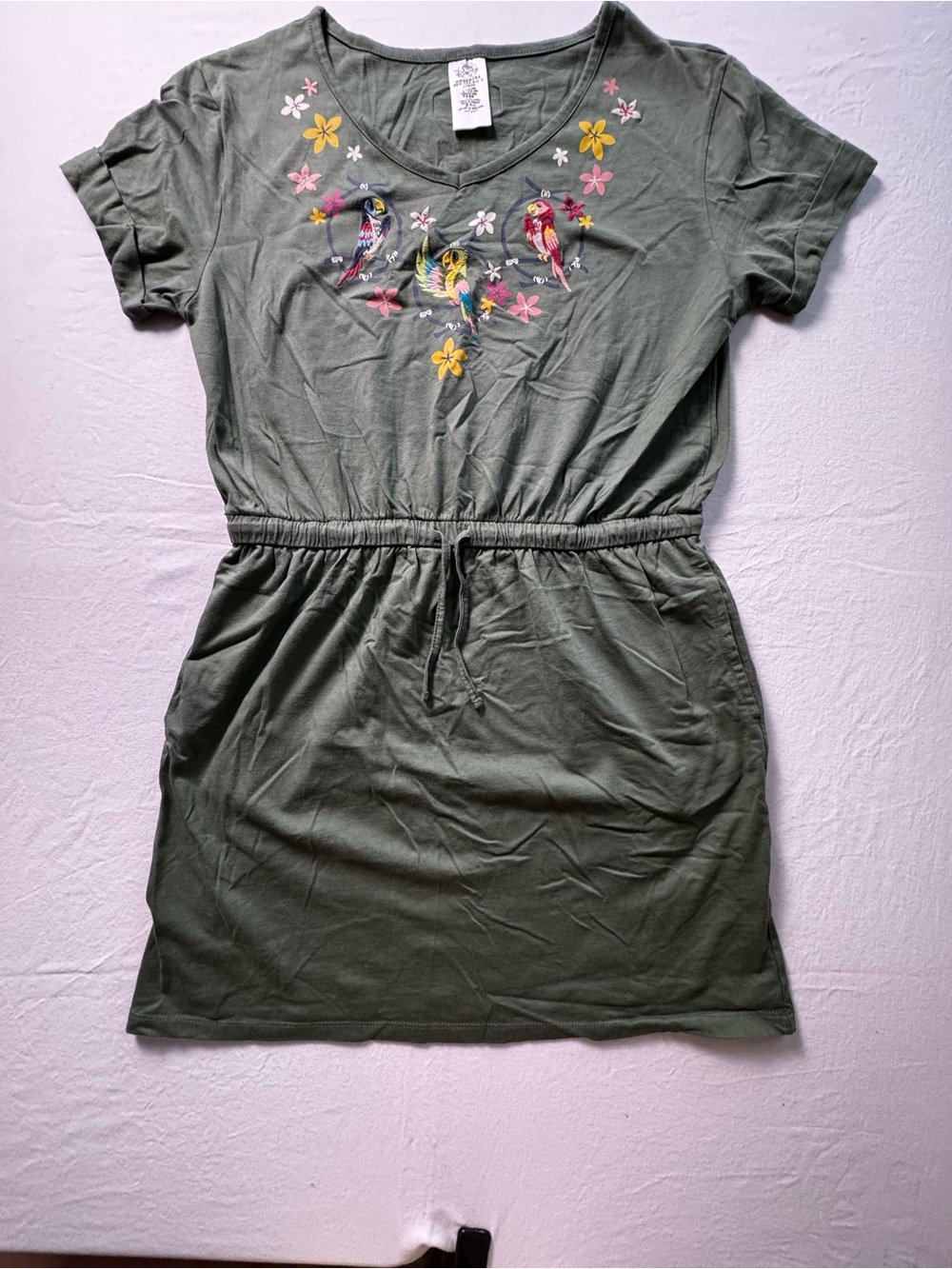 Disney Olive Green Embroidered V‑Neck Mini Dress Enchanted Tiki Room